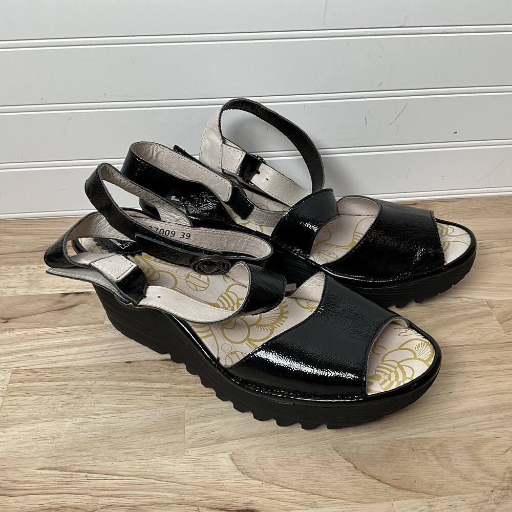Women's 39 Fly London | Yesk Black Leather Ankle Strap Wedge Ripple Heel Sandal